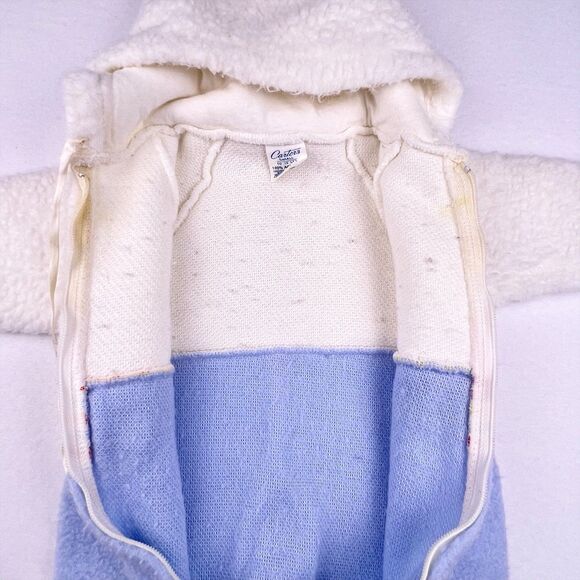 VTG Carter’s Retro White/Blue Fleece Hooded Bunting Footed Sz Small to 15 lbs - Picture 13 of 16